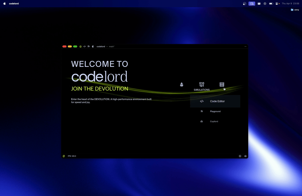 codelord's welcome screen in motion